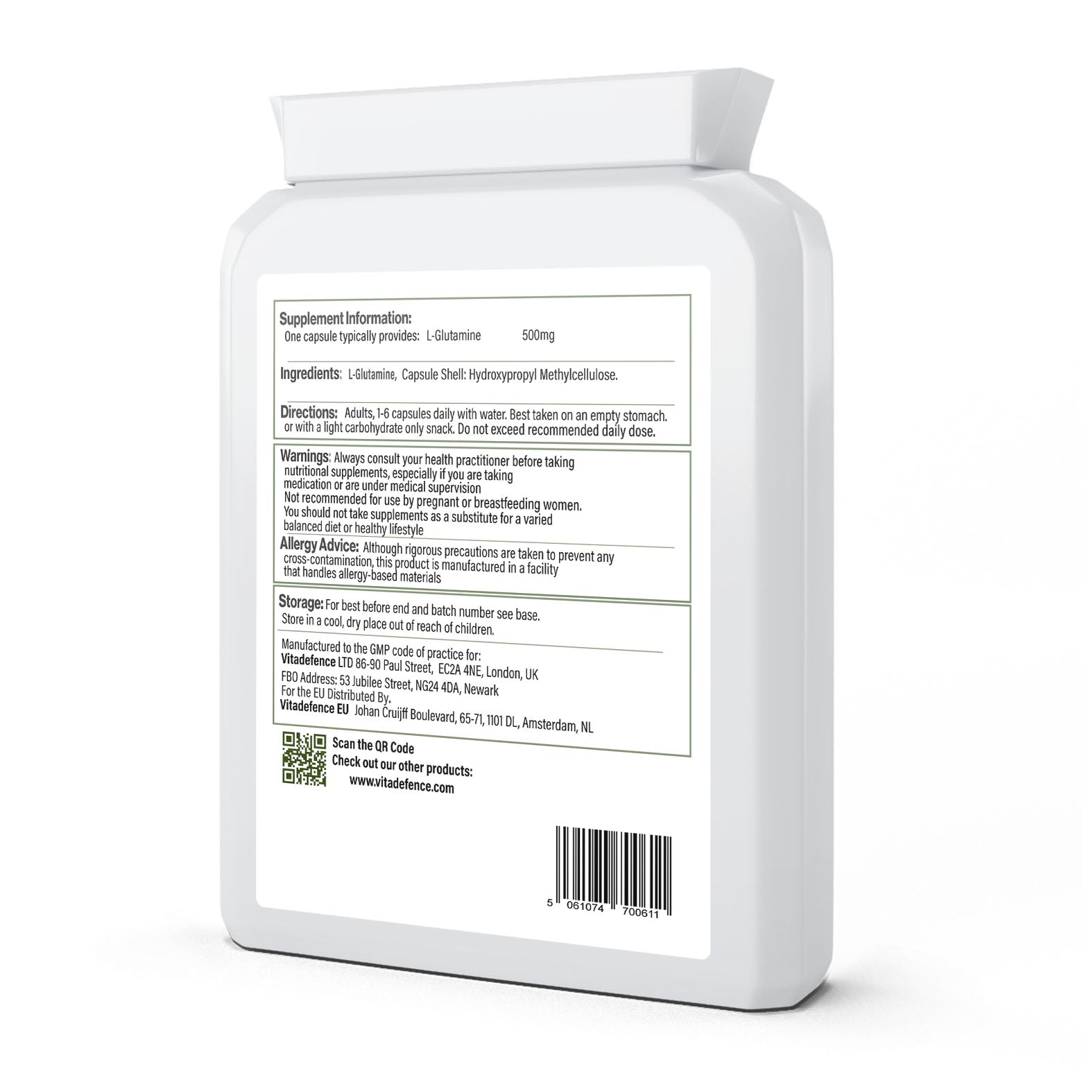 L-Glutamine 2-Pack | Pure L-Glutamine 500mg – 180 Capsules (2 x 90) -  Vitadefence® - Vitadefence®
