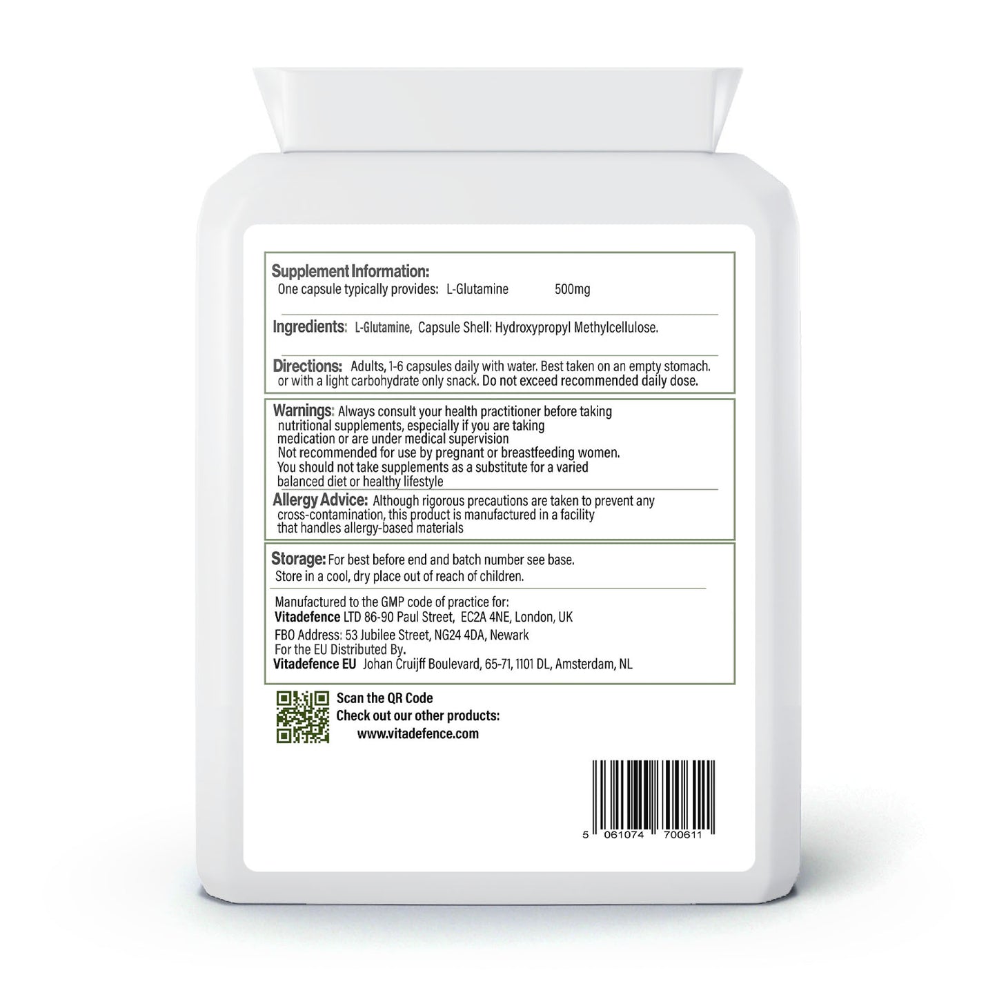 L-Glutamine 2-Pack | Pure L-Glutamine 500mg – 180 Capsules (2 x 90) -  Vitadefence® - Vitadefence®
