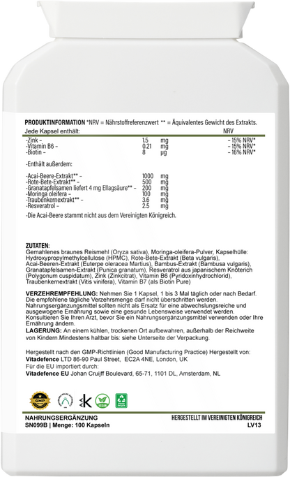 Acai Berry Capsules | With Vitamin B6, Zinc & Biotin – 100 Vegan Capsules -  Vitadefence® - Vitadefence®
