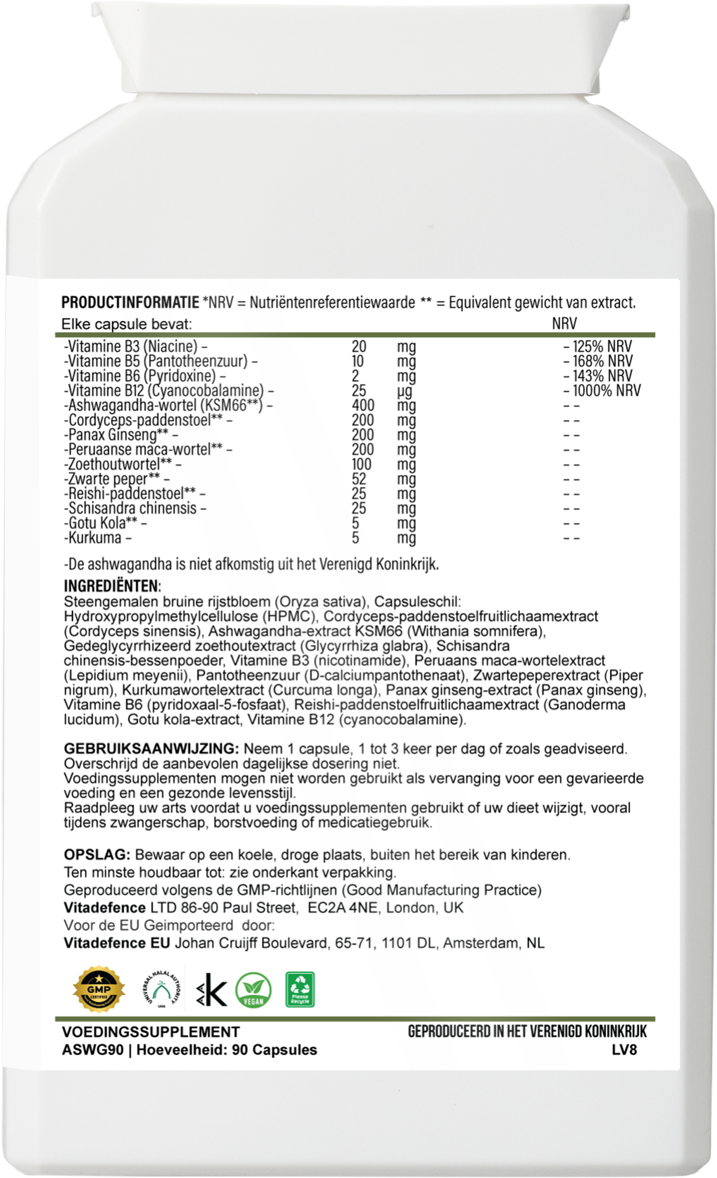 Ashwagandha Capsules  | With,Ginseng, Cordyceps & Vitamins – 90 Capsules -  Vitadefence® - Vitadefence®
