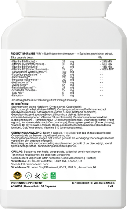 Ashwagandha Capsules  | With,Ginseng, Cordyceps & Vitamins – 90 Capsules -  Vitadefence® - Vitadefence®
