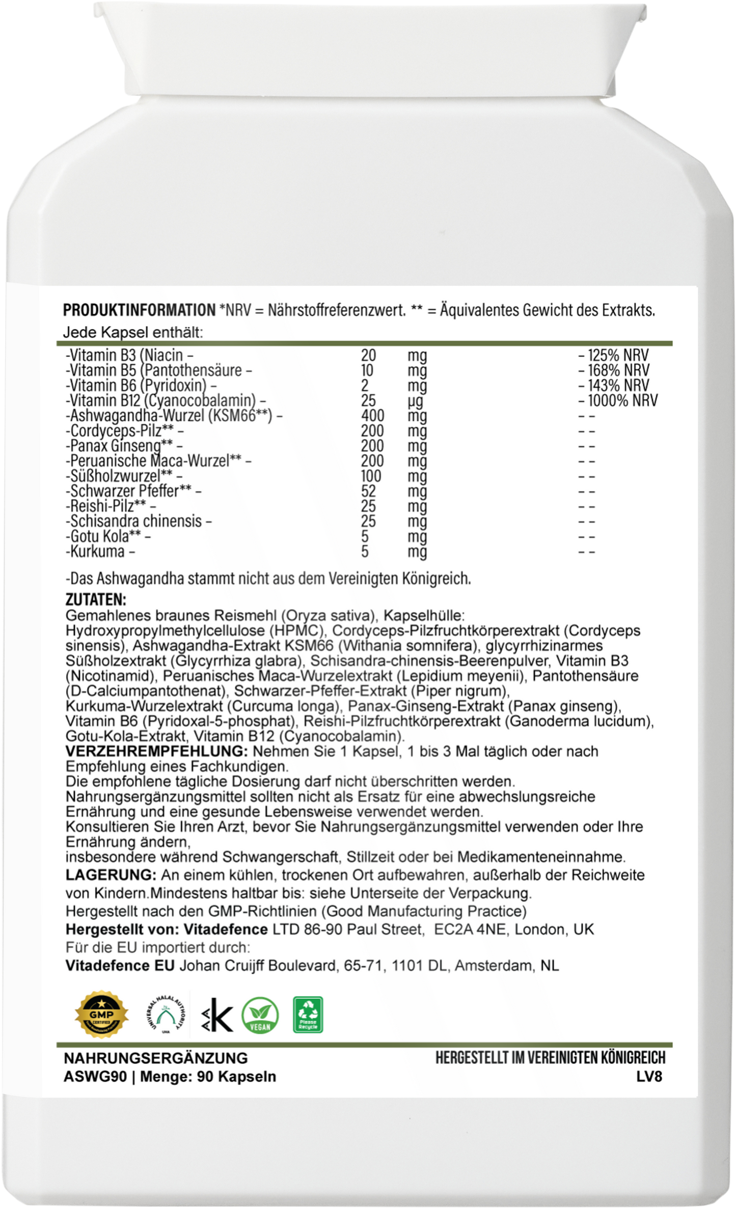 Ashwagandha Capsules  | With,Ginseng, Cordyceps & Vitamins – 90 Capsules -  Vitadefence® - Vitadefence®
