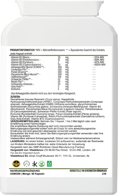 Ashwagandha Capsules  | With,Ginseng, Cordyceps & Vitamins – 90 Capsules -  Vitadefence® - Vitadefence®
