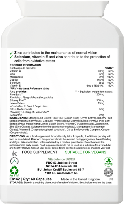 Bilberry Multi | With Pine Bark, Lutein, Zinc, Selenium & Vitamins – 60 Capsules -  Vitadefence® - Vitadefence®
