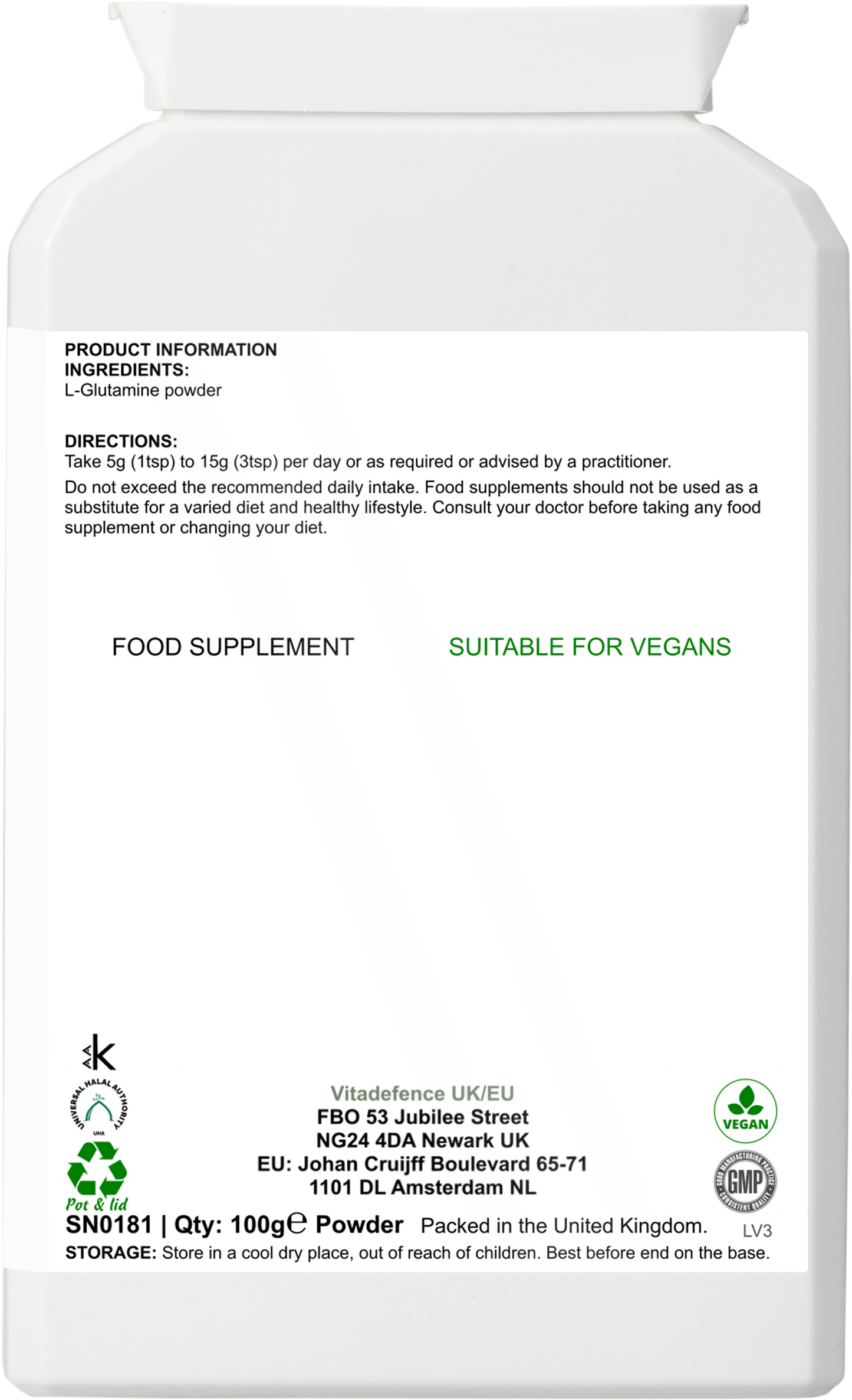 L-Glutamine Powder |  Vegan – 100 g -  Vitadefence® - Vitadefence®
