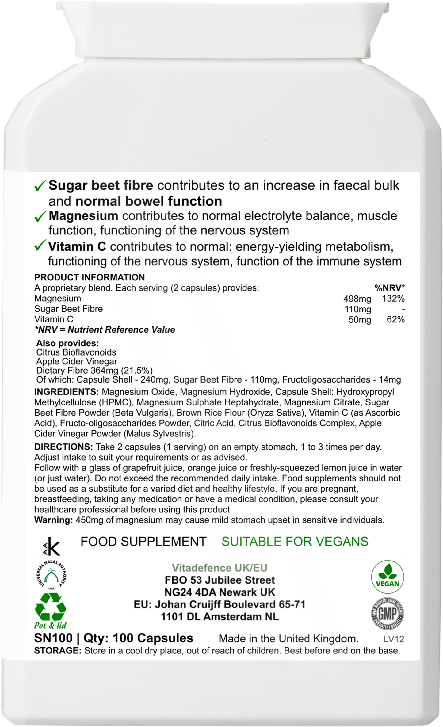 Magnesium Multi | With Vitamin C & Sugar Beet Fibre – 100 Vegan Capsules -  Vitadefence® - Vitadefence®
