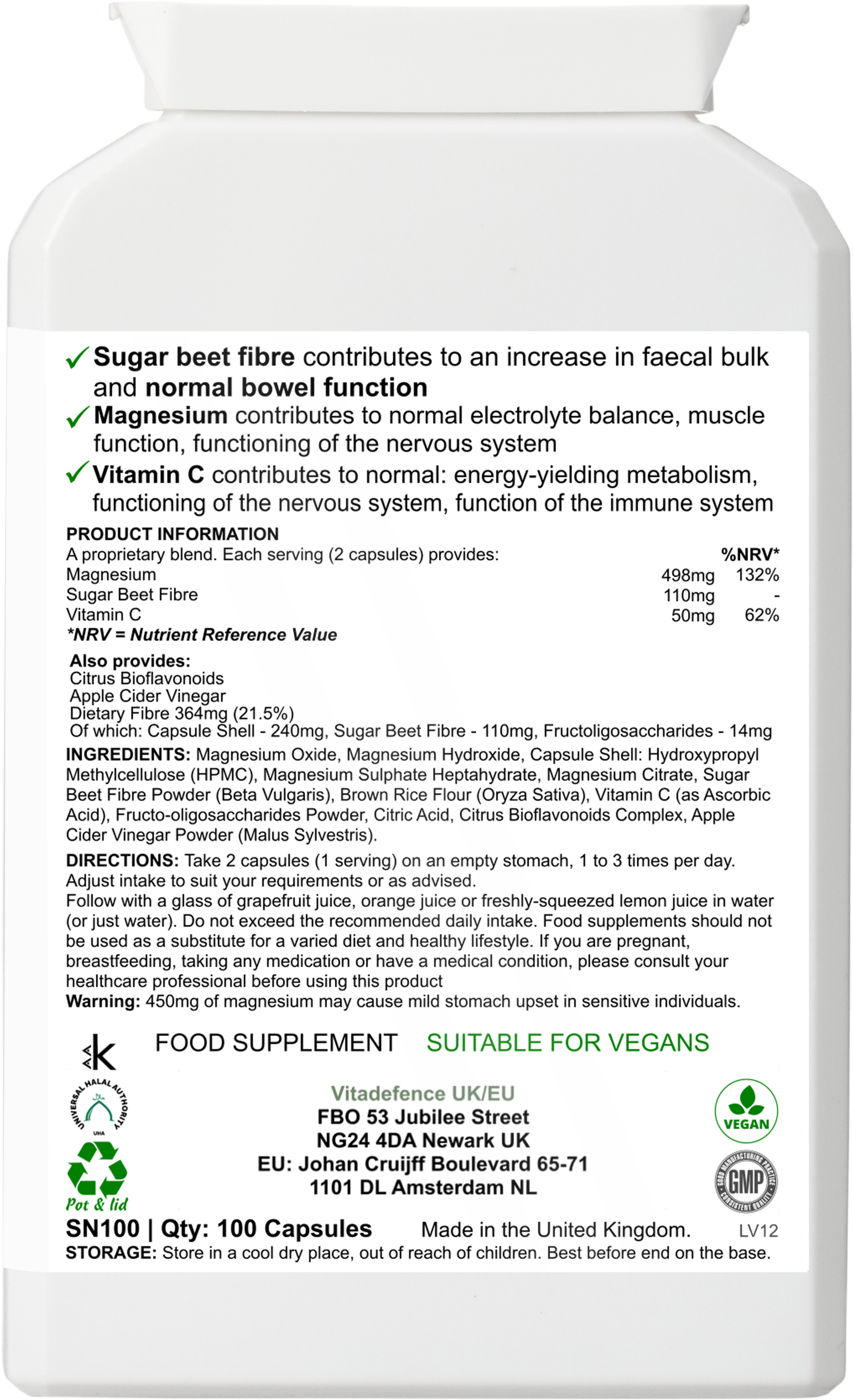 Magnesium Multi | With Vitamin C & Sugar Beet Fibre – 100 Vegan Capsules -  Vitadefence® - Vitadefence®
