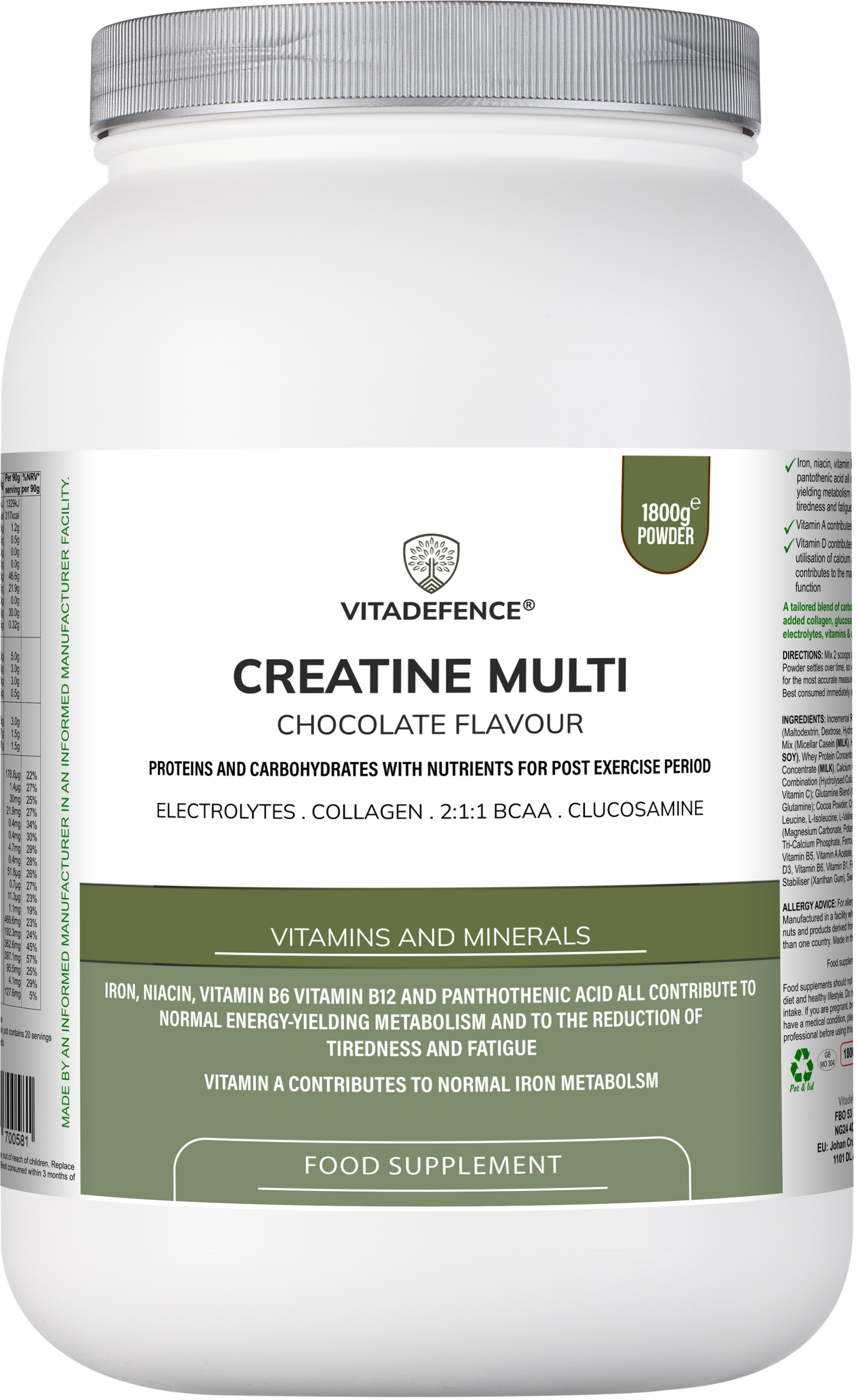 Creatine Multi | Chocolate Flavour Recovery Shake with BCAA, Collagen, Electrolytes, Vitamins & Minerals – 1.8 kg -  Vitadefence® - Vitadefence®
