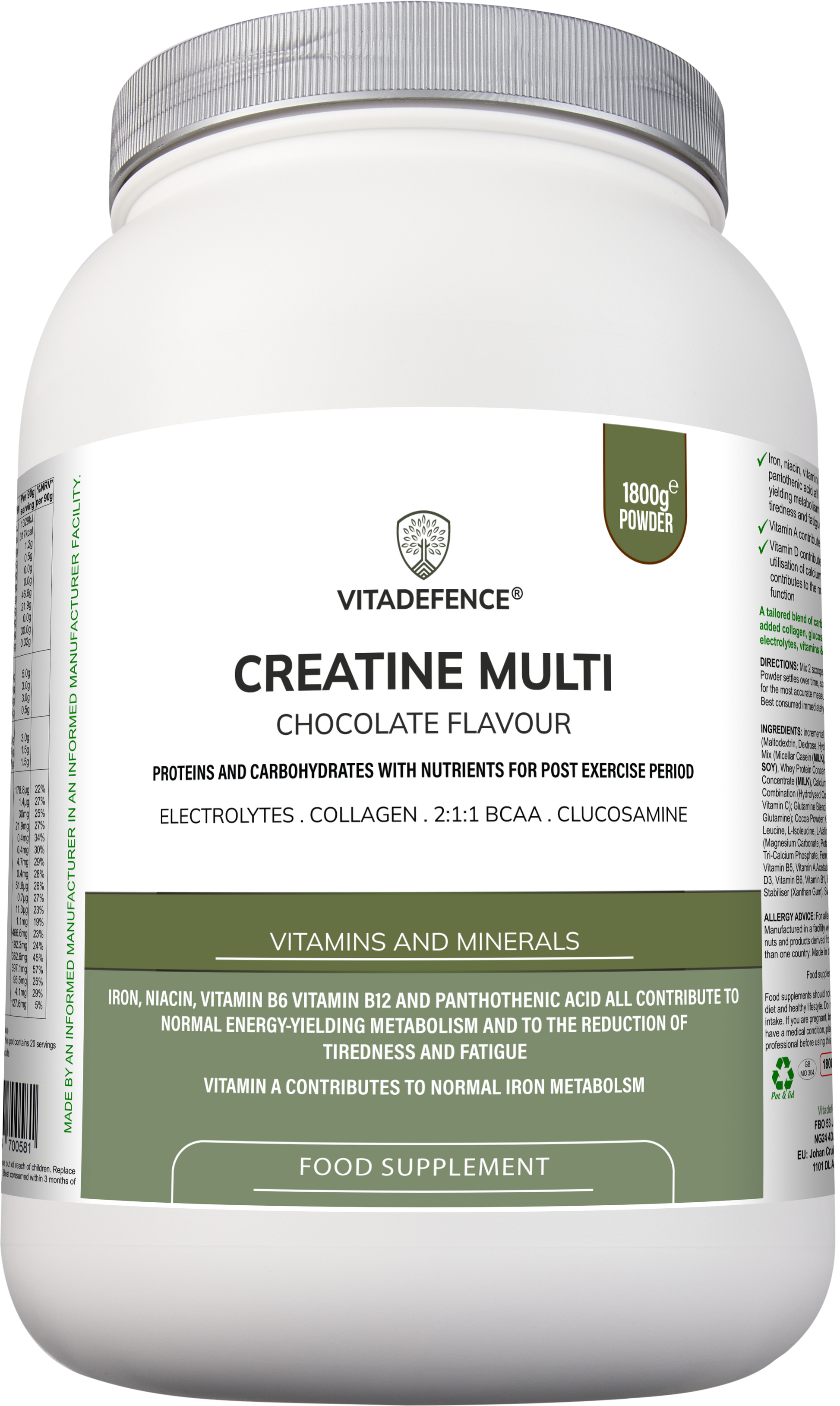 Creatine Multi | Chocolate Flavour Recovery Shake with BCAA, Collagen, Electrolytes, Vitamins & Minerals – 1.8 kg -  Vitadefence® - Vitadefence®
