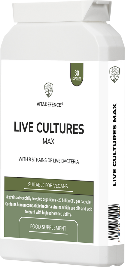 Live Cultures Max | 8-Strain Formula, 20 Billion CFU – 30 Capsules -  Vitadefence® - Vitadefence®
