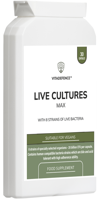Live Cultures Max | 8-Strain Formula, 20 Billion CFU – 30 Capsules -  Vitadefence® - Vitadefence®
