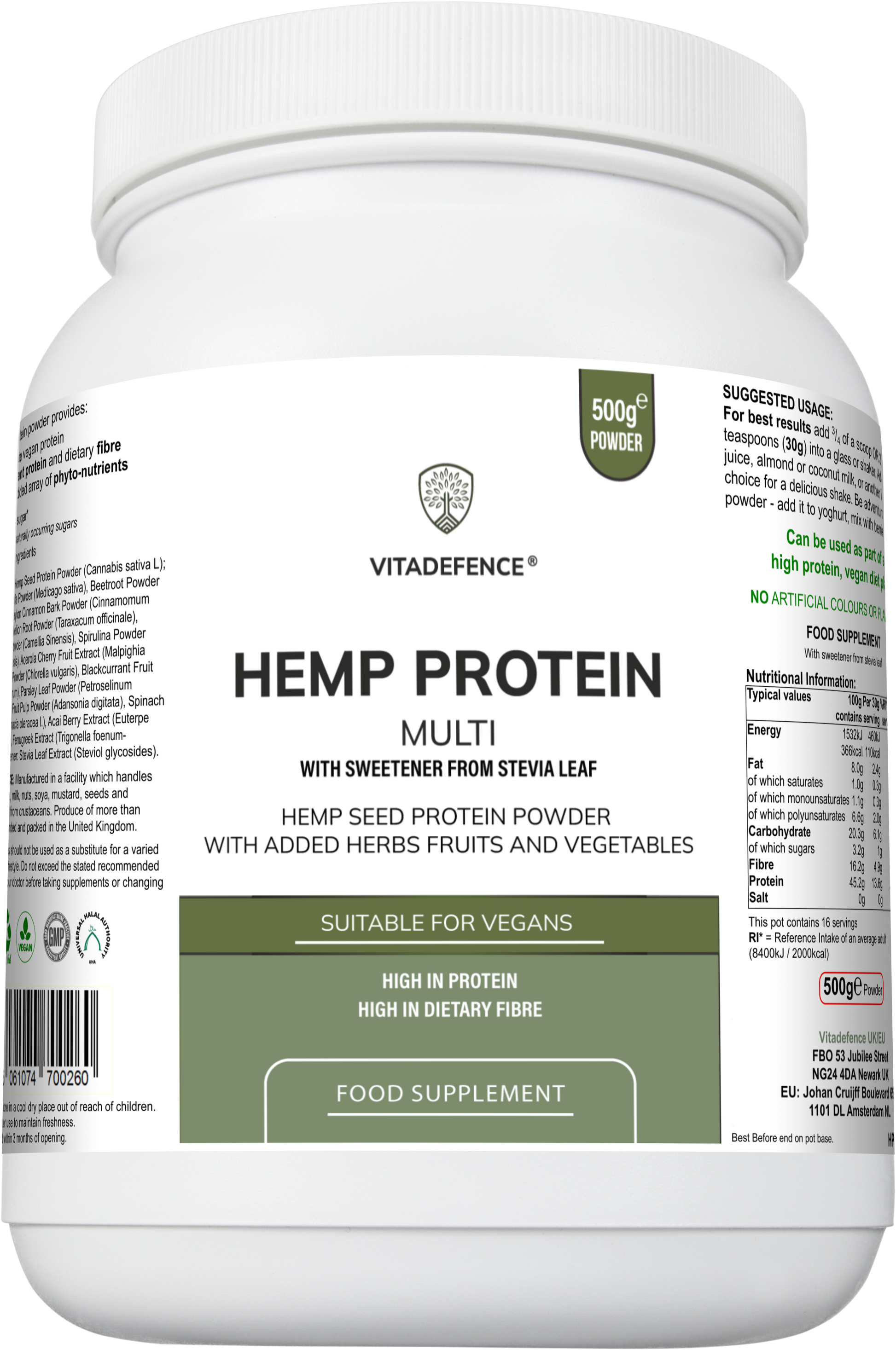 Hemp Protein Multi | Plant-Based Protein Powder with Fruits, Herbs & Vegetables – 500 g -  Vitadefence® - Vitadefence®
