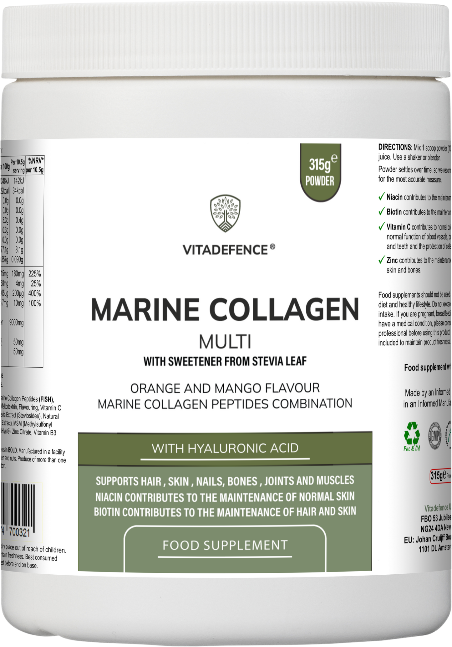 Marine Collagen Multi | Orange & Mango Flavour Powder with Hyaluronic Acid, MSM, Vitamins & Minerals – 315 g -  Vitadefence® - Vitadefence®
