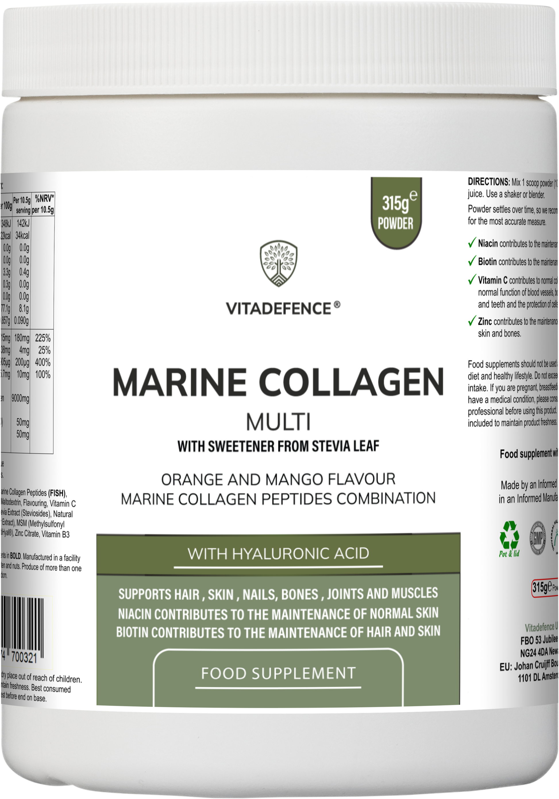 Marine Collagen Multi | Orange & Mango Flavour Powder with Hyaluronic Acid, MSM, Vitamins & Minerals – 315 g -  Vitadefence® - Vitadefence®
