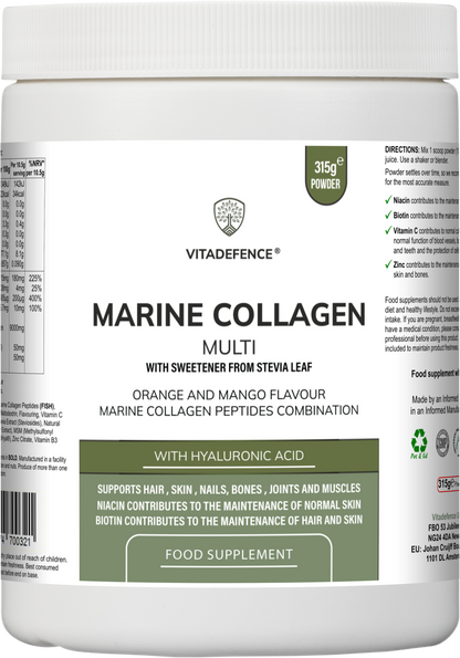 Marine Collagen Multi | Orange & Mango Flavour Powder with Hyaluronic Acid, MSM, Vitamins & Minerals – 315 g -  Vitadefence® - Vitadefence®
