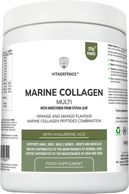Marine Collagen Multi | Orange & Mango Flavour Powder with Hyaluronic Acid, MSM, Vitamins & Minerals – 315 g -  Vitadefence® - Vitadefence®
