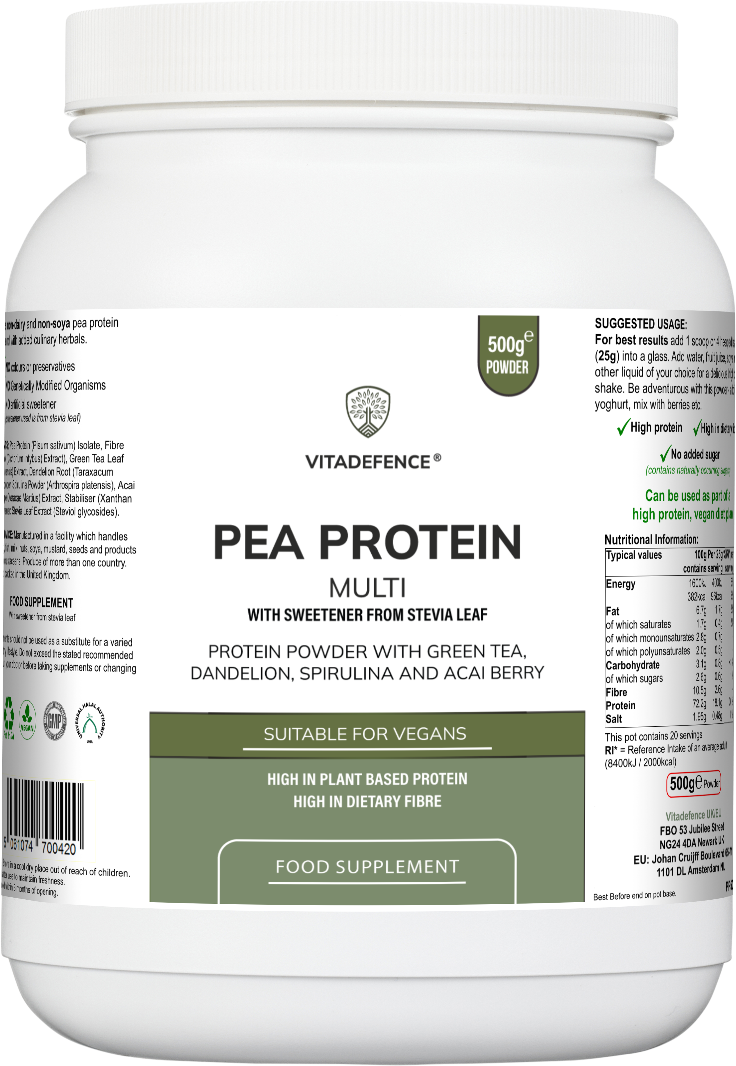 Pea Protein Multi | Plant-Based Protein Powder with Green Tea, Spirulina, Açai & Dandelion – 500 g -  Vitadefence® - Vitadefence®
