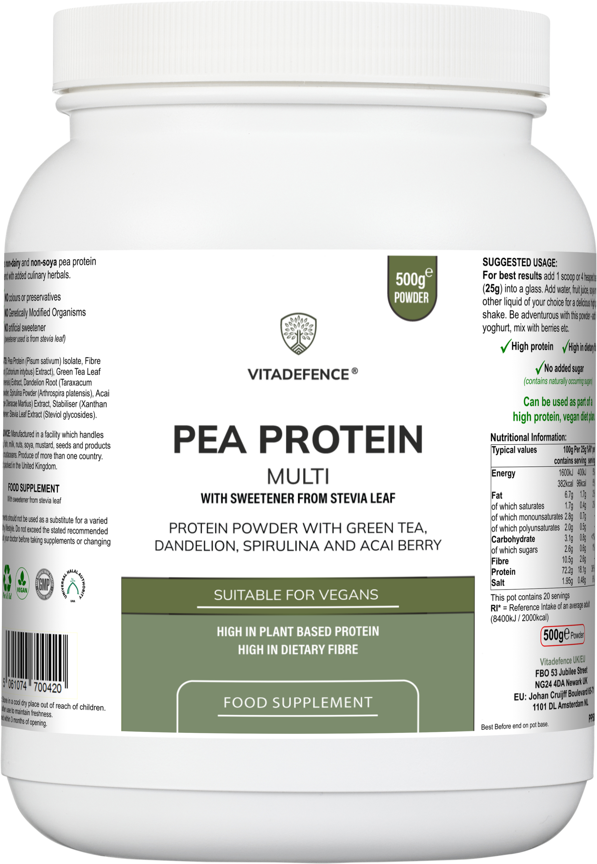 Pea Protein Multi | Plant-Based Protein Powder with Green Tea, Spirulina, Açai & Dandelion – 500 g -  Vitadefence® - Vitadefence®
