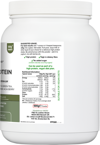 Pea Protein Multi | Plant-Based Protein Powder with Green Tea, Spirulina, Açai & Dandelion – 500 g -  Vitadefence® - Vitadefence®
