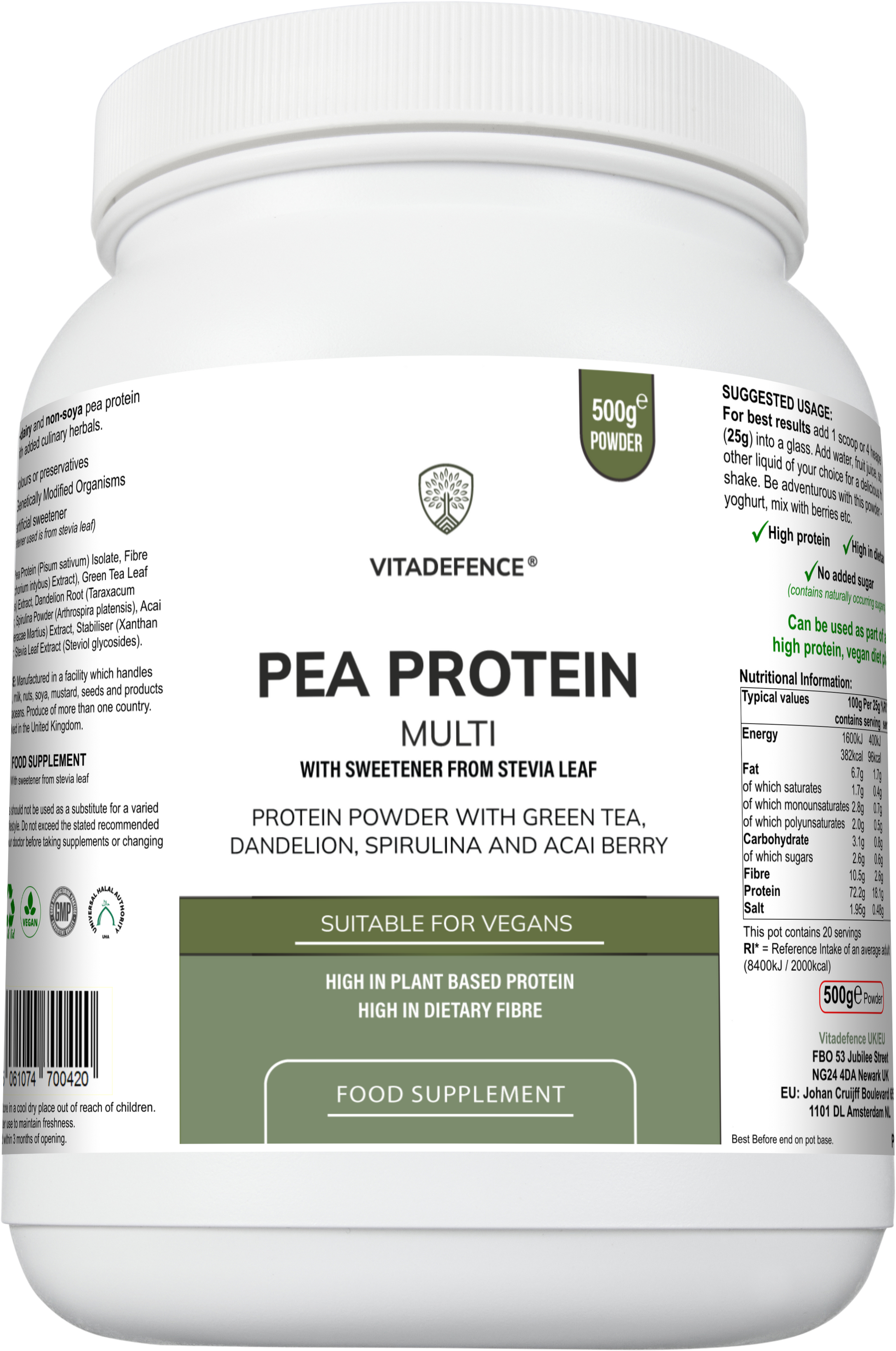 Pea Protein Multi | Plant-Based Protein Powder with Green Tea, Spirulina, Açai & Dandelion – 500 g -  Vitadefence® - Vitadefence®
