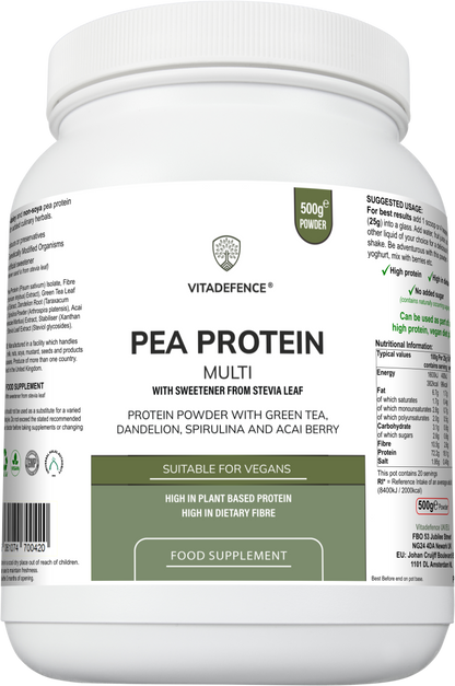 Pea Protein Multi | Plant-Based Protein Powder with Green Tea, Spirulina, Açai & Dandelion – 500 g -  Vitadefence® - Vitadefence®
