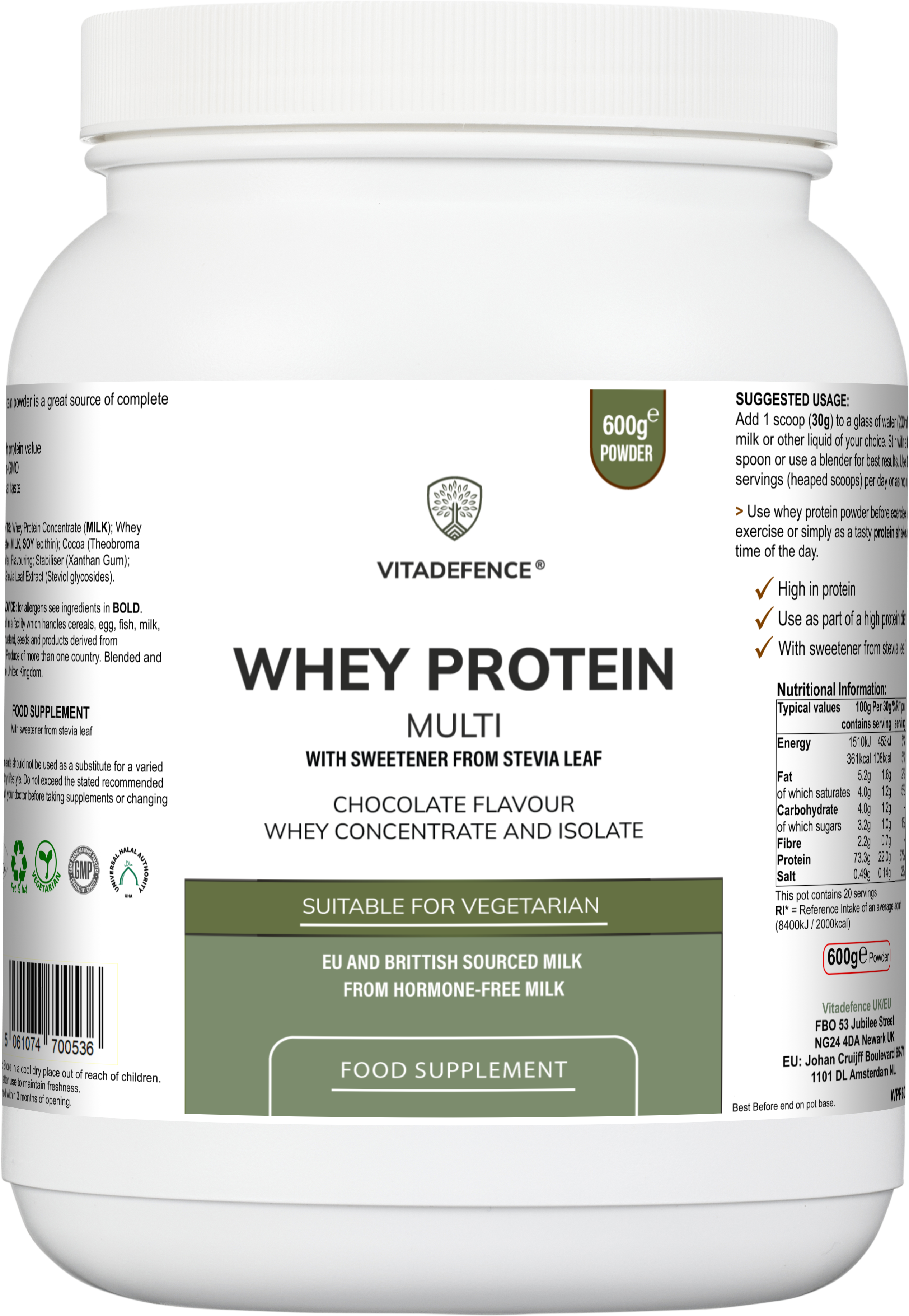 Whey Protein Multi | Chocolate Flavour Protein Powder with Stevia – 600 g -  Vitadefence® - Vitadefence®
