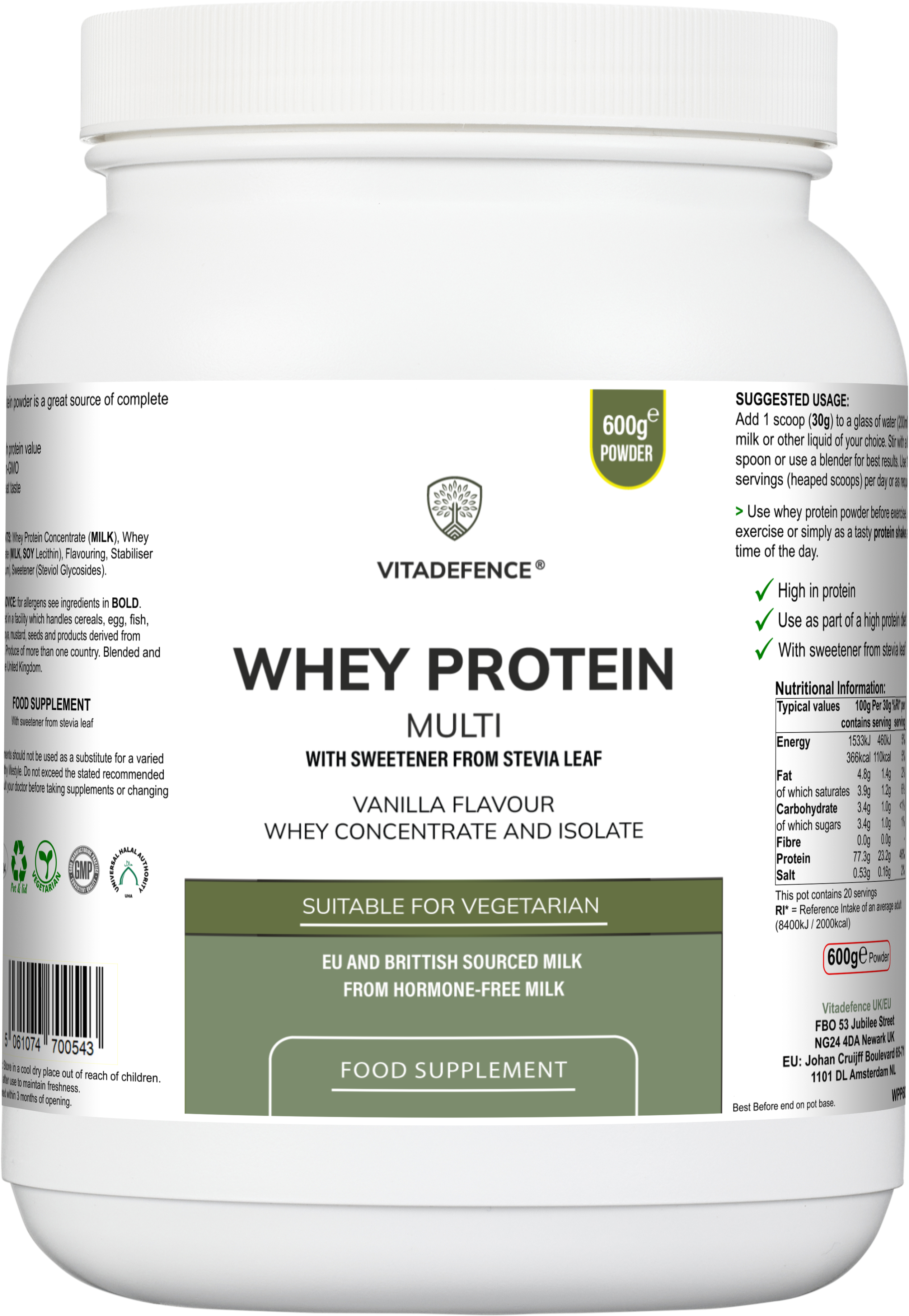 Whey Protein Multi | Vanilla Flavour Protein Powder with Stevia – 600 g -  Vitadefence® - Vitadefence®
