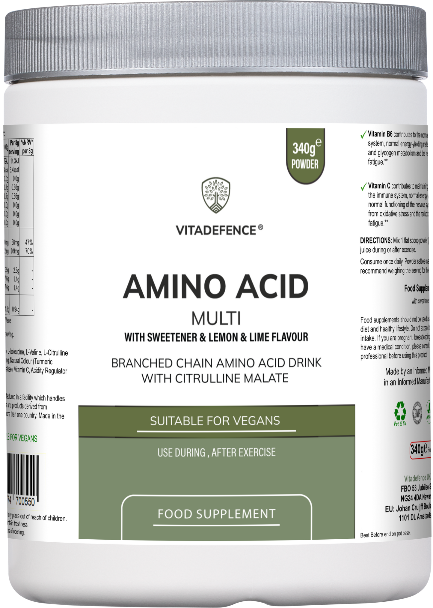 Amino Acid Multi | Lemon & Lime Flavour with Citrulline Malate, BCAAs & Vitamins – 300 g -  Vitadefence® - Vitadefence®
