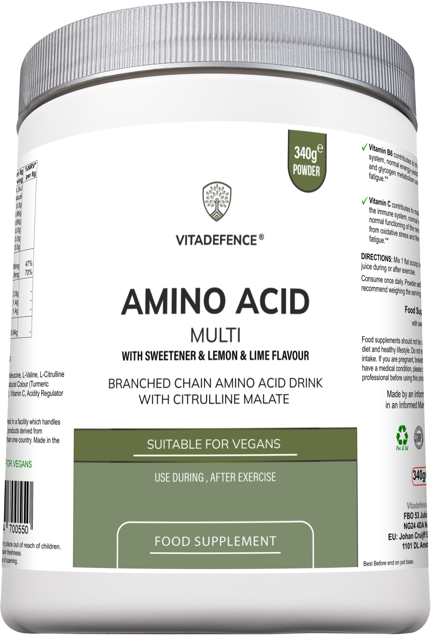 Amino Acid Multi | Lemon & Lime Flavour with Citrulline Malate, BCAAs & Vitamins – 300 g -  Vitadefence® - Vitadefence®
