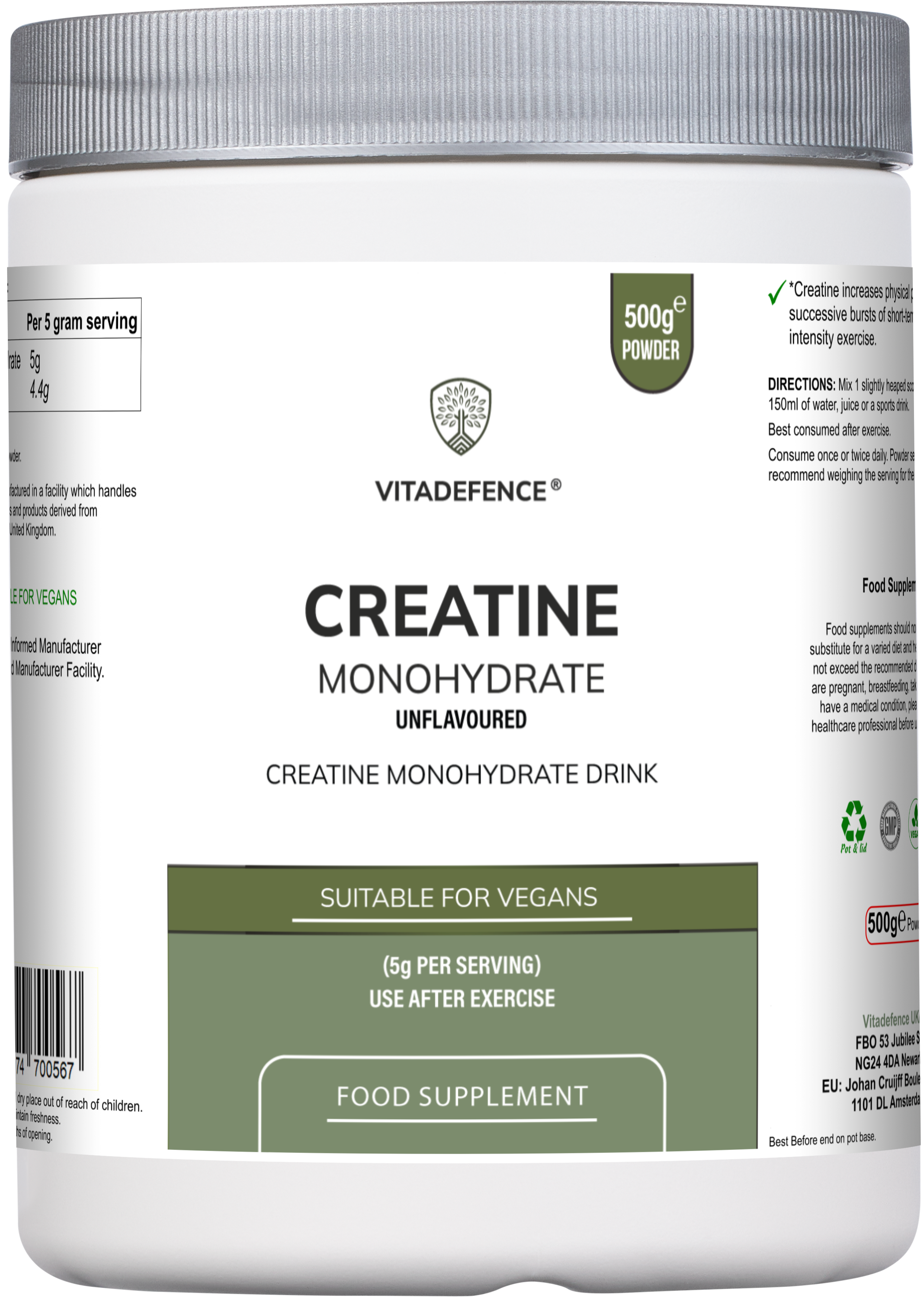 Creatine Monohydrate | Pure Unflavoured Creatine Powder – 500 g -  Vitadefence® - Vitadefence®
