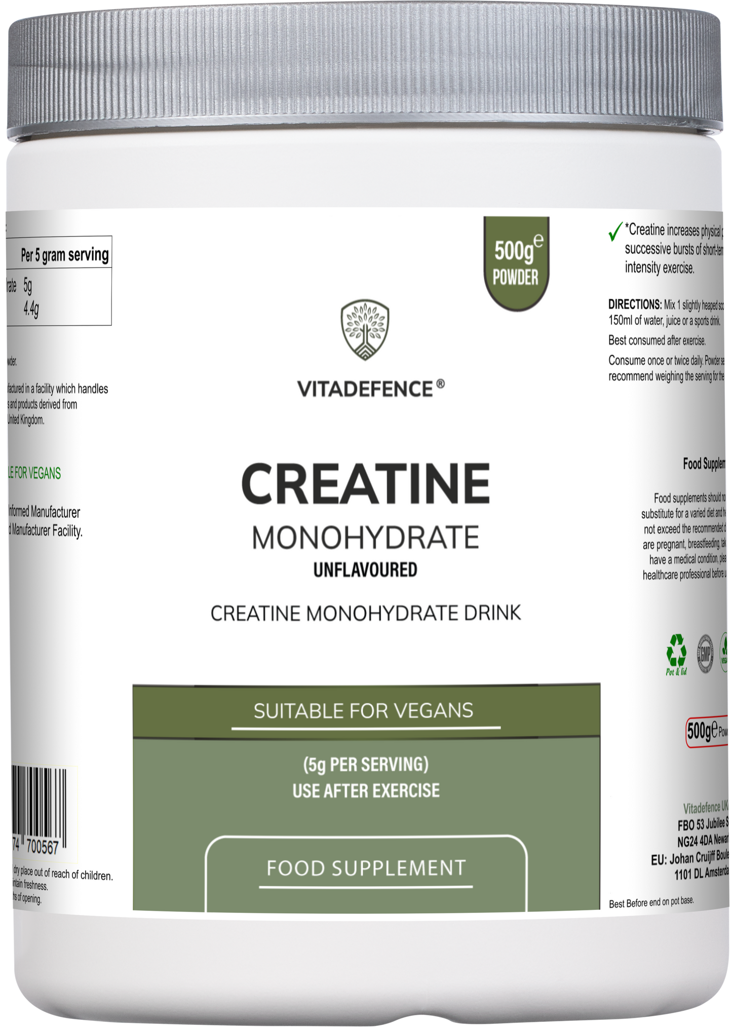 Creatine Monohydrate | Pure Unflavoured Creatine Powder – 500 g -  Vitadefence® - Vitadefence®
