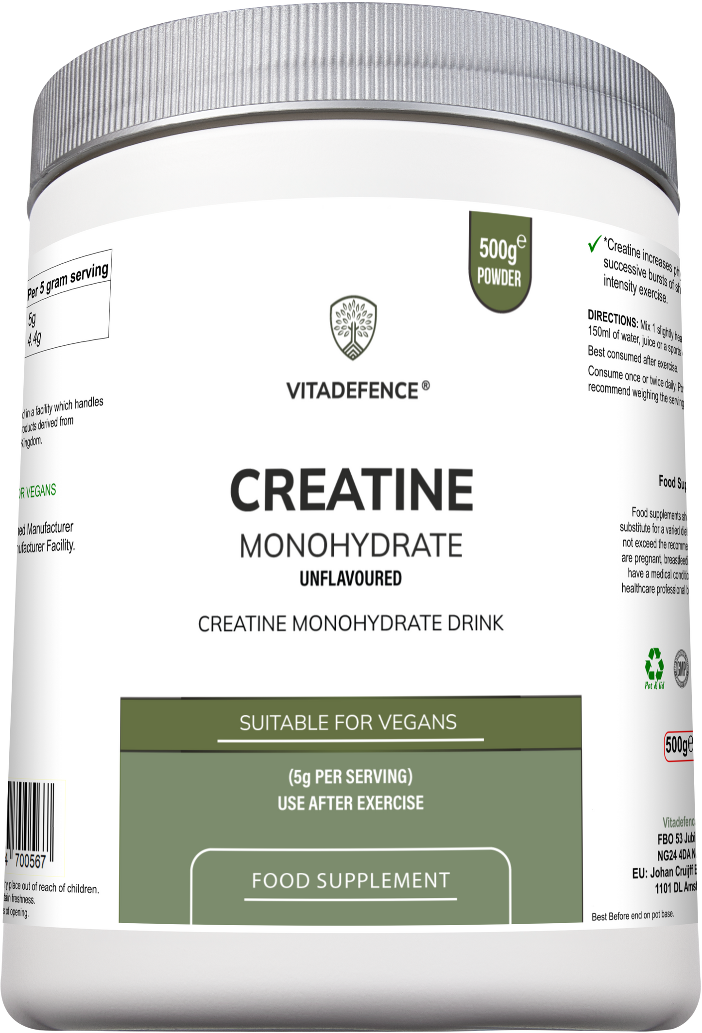 Creatine Monohydrate | Pure Unflavoured Creatine Powder – 500 g -  Vitadefence® - Vitadefence®
