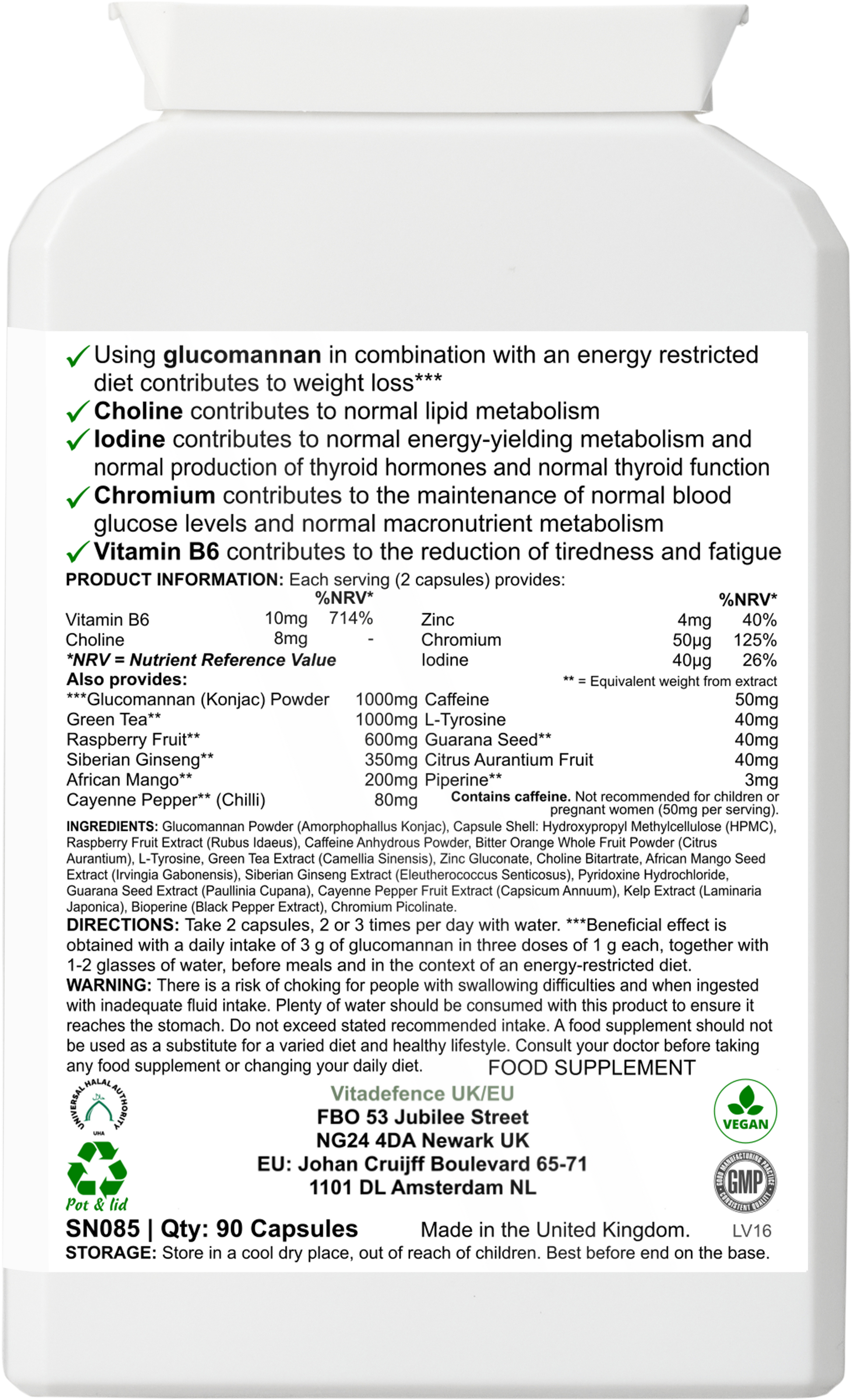 Glucomannan Multi – Vitamin B6, Choline, Minerals & Botanicals – 90 Vegan Capsules -  Vitadefence® - Vitadefence®
