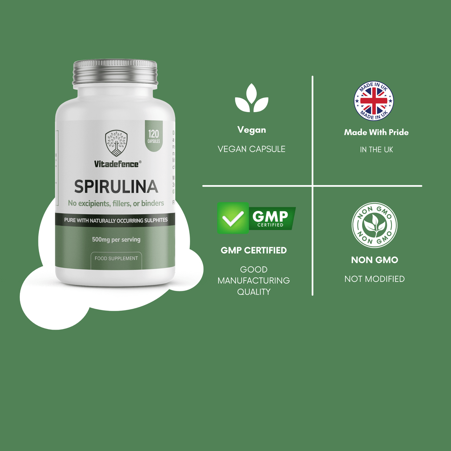 Spirulina | 500 mg Vegan Capsules – 120 Count -  Vitadefence® - Vitadefence®
