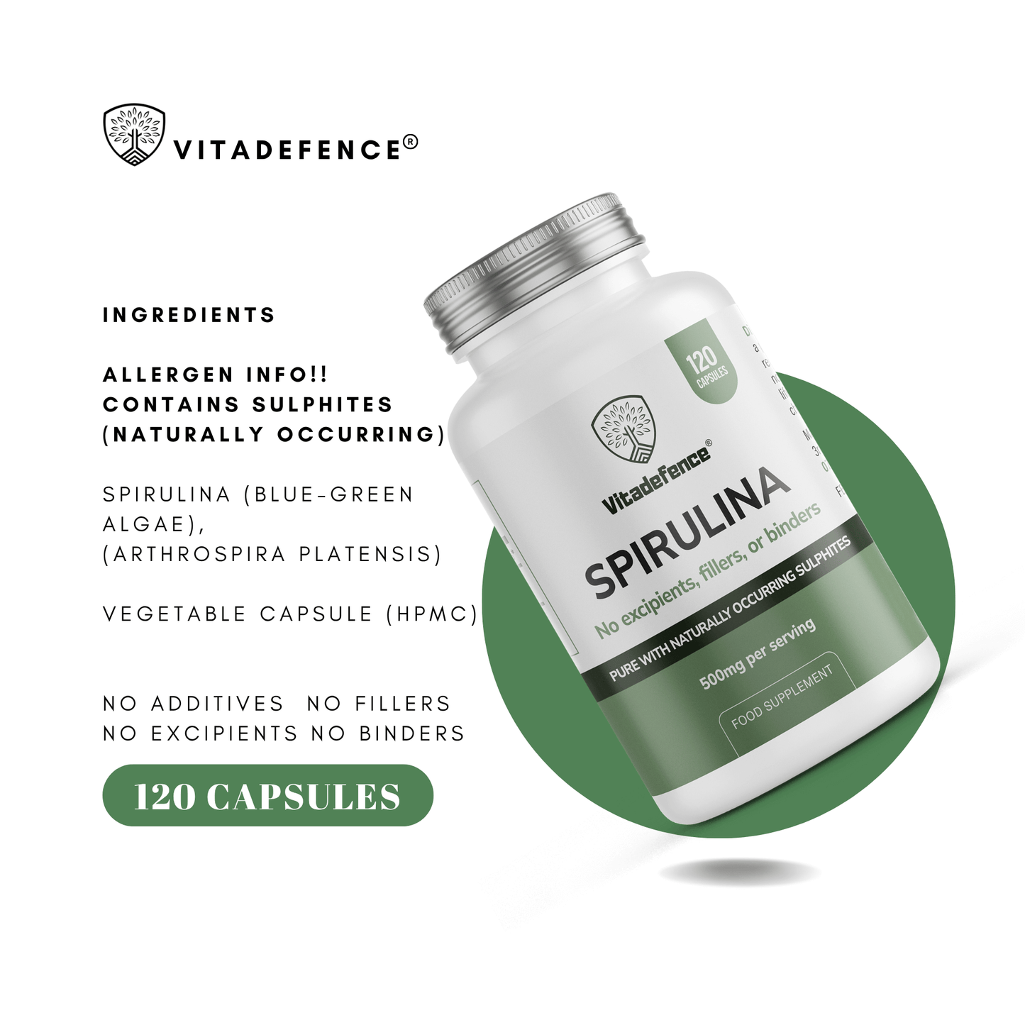 Spirulina | 500 mg Vegan Capsules – 120 Count -  Vitadefence® - Vitadefence®
