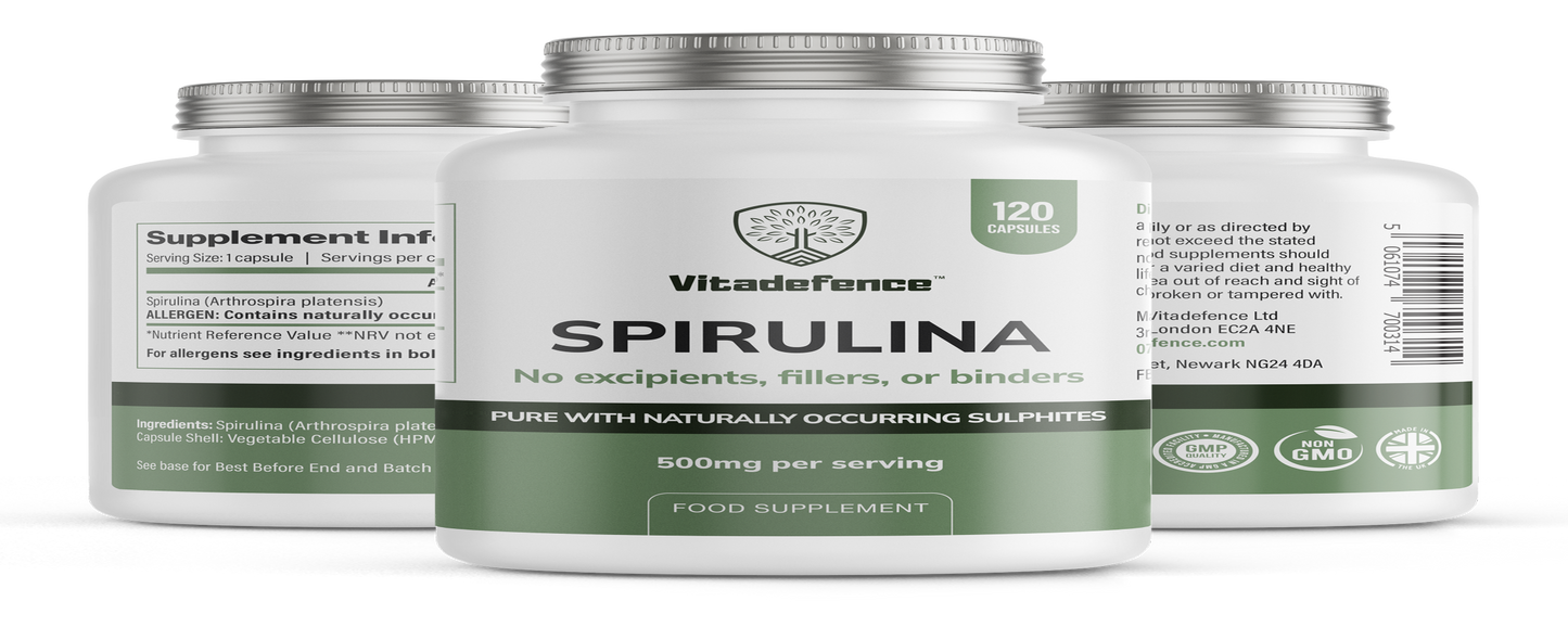Spirulina | 500 mg Vegan Capsules – 120 Count -  Vitadefence® - Vitadefence®
