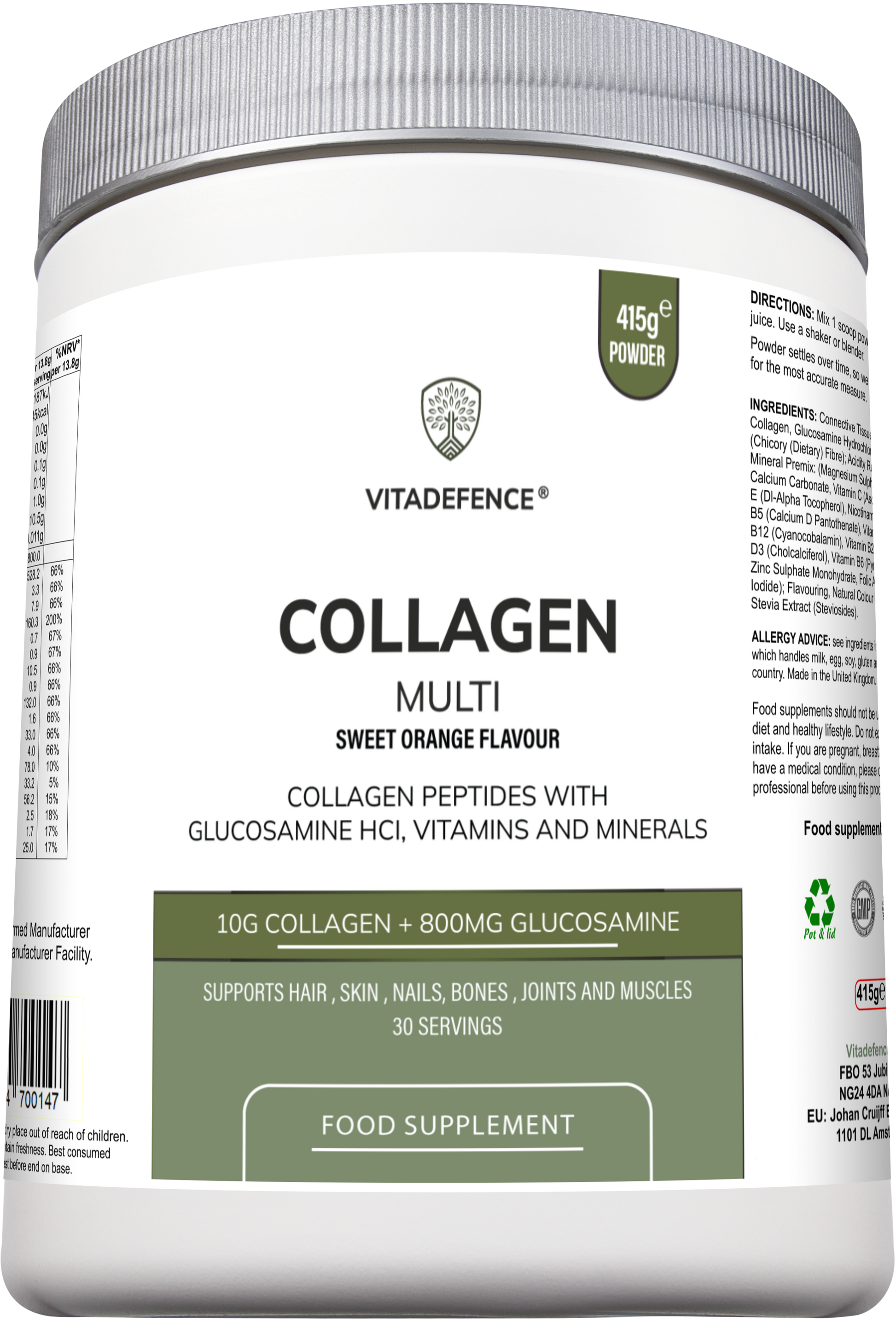 Collagen Multi | Orange Flavour Powder with Glucosamine, Vitamins & Minerals – 415 g -  Vitadefence® - Vitadefence®
