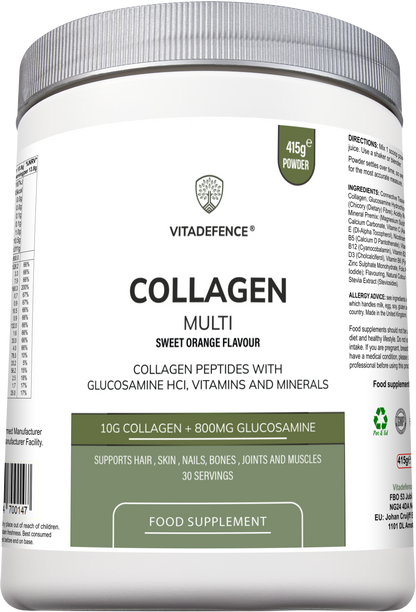 Collagen Multi | Orange Flavour Powder with Glucosamine, Vitamins & Minerals – 415 g -  Vitadefence® - Vitadefence®
