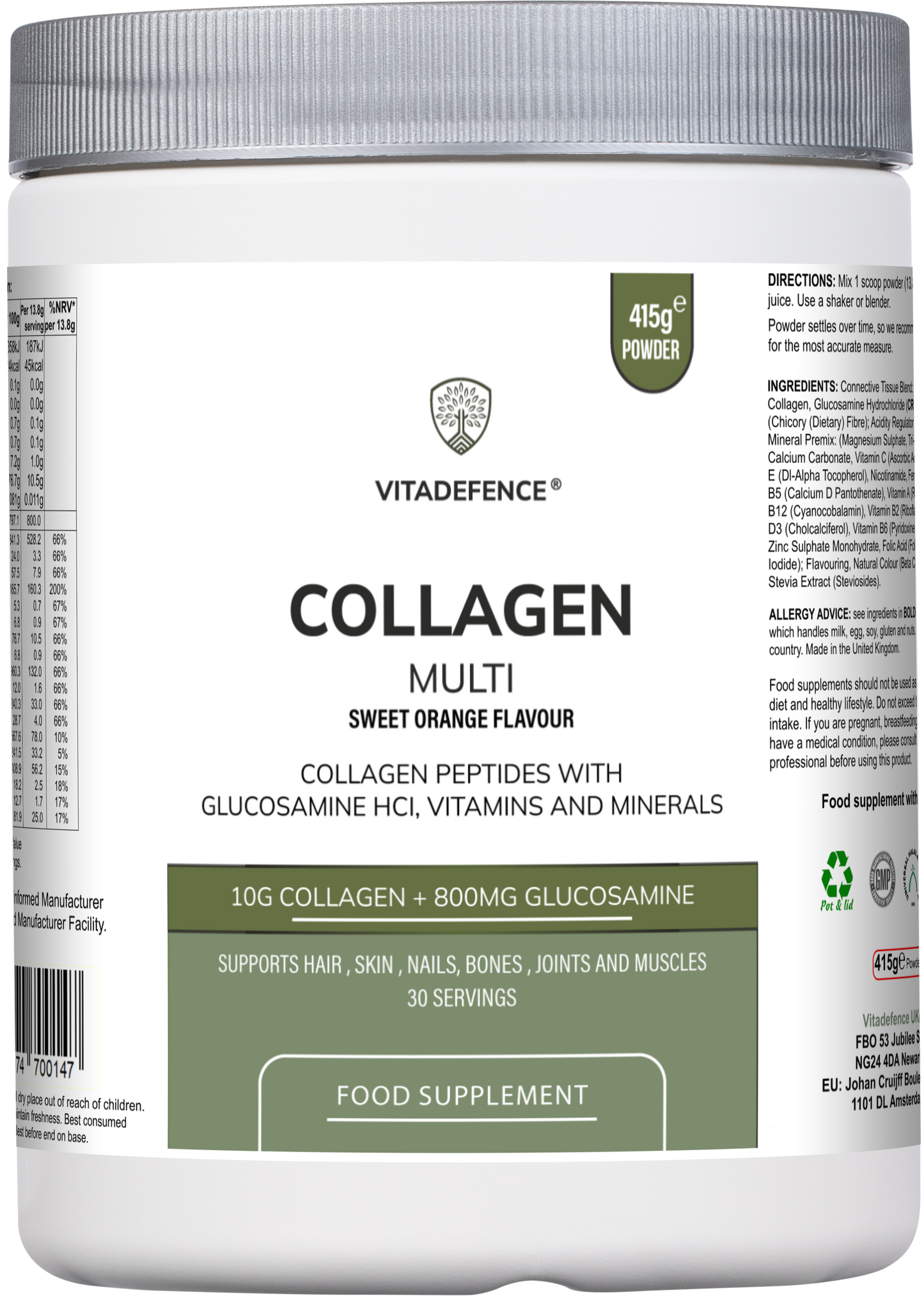 Collagen Multi | Orange Flavour Powder with Glucosamine, Vitamins & Minerals – 415 g -  Vitadefence® - Vitadefence®
