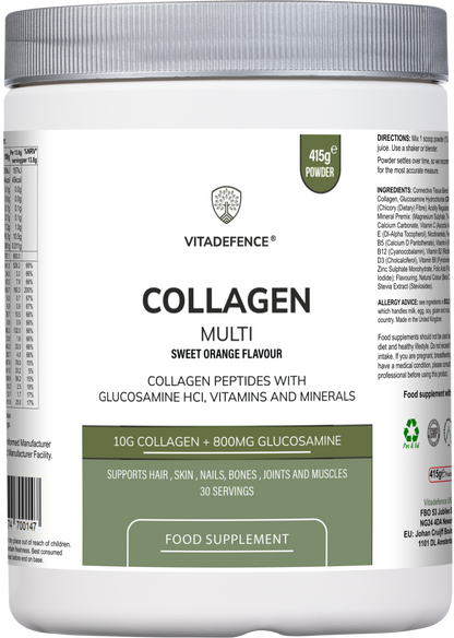 Collagen Multi | Orange Flavour Powder with Glucosamine, Vitamins & Minerals – 415 g -  Vitadefence® - Vitadefence®
